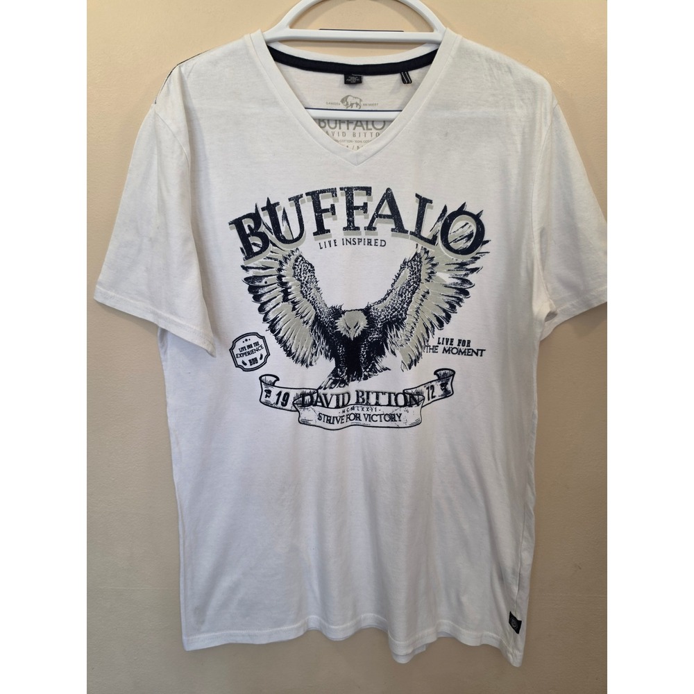 Buffalo David Bitton Mens White Eagle Graphic V-Neck T-Shirt Medium